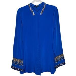 2010s Kobi Halperin Silk Azure Embroidered Blue Blouse Large NWT